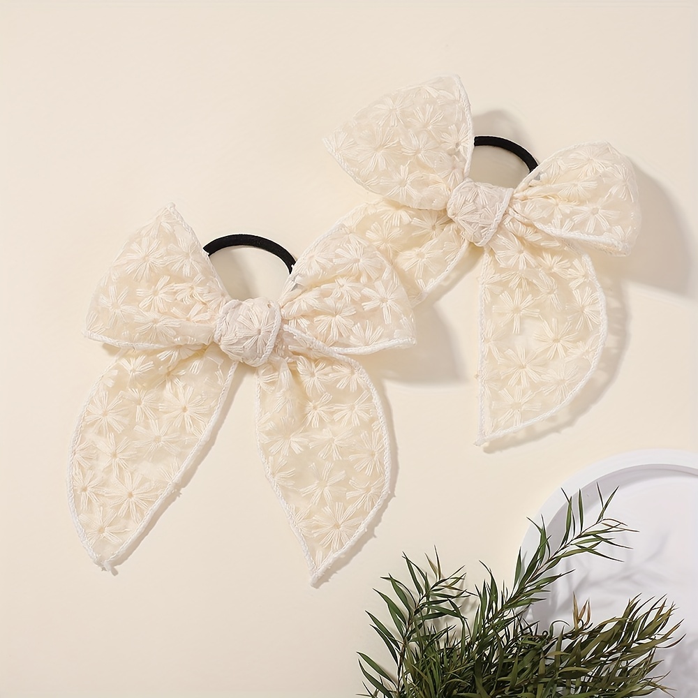 TEMU Darbiny 2pcs Elegant Bow Hair Ties For Girls - Cream White, Polyester Fashion Accessory