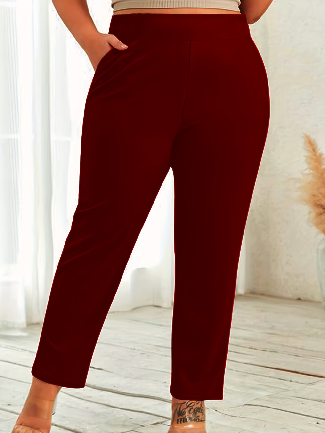 plus size elegant straight leg pants solid color stretch fabric   fit for women spring summer fall plus size pants burgundy 0