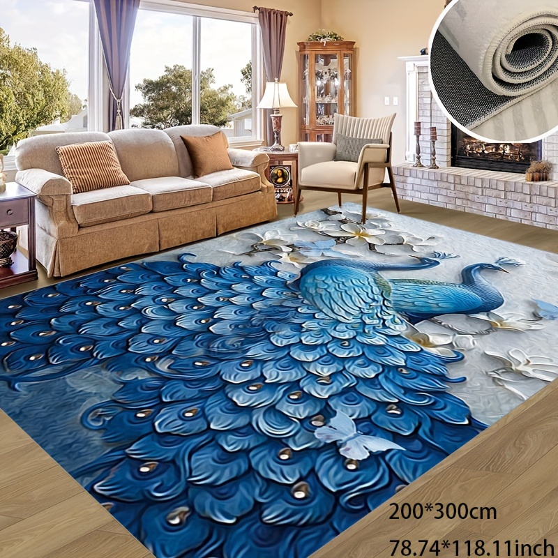 

1pc Blue Peacock Patter Floor Mat, Living Room Bedroom Faux Cashmere Area Rug, Non-slip Soft Washable Office Carpet, Home And Outdoor Carpet, Indoor And Outdoor Can Be Used