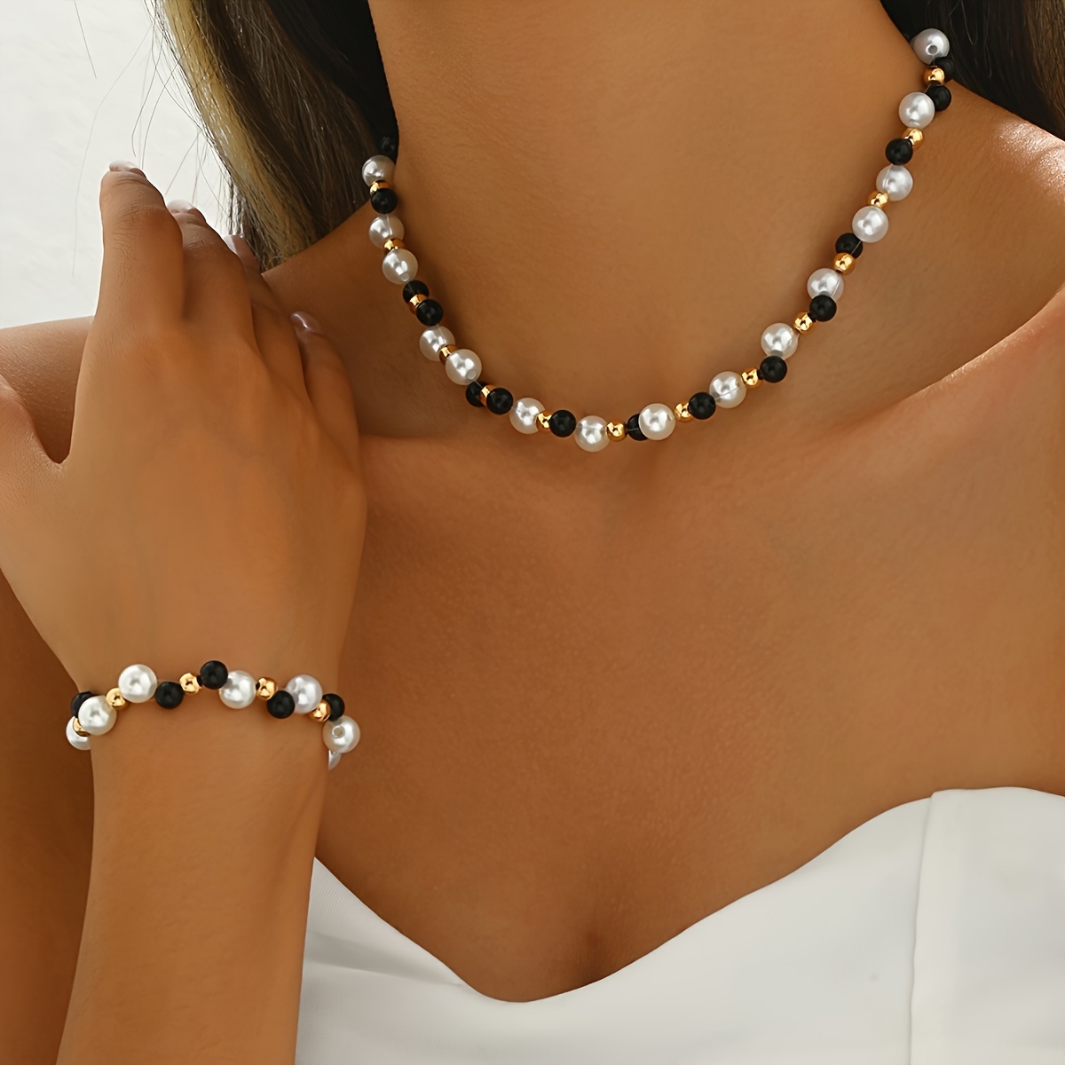 TEMU 2 Nuevos Collares y Pulseras Creativas para Mujer, Juego de Joyería Moderno y Elegante, de Perlas, Cuentas Redondas de Acrílico y Negro,