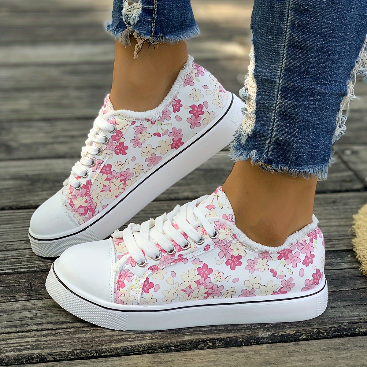 Women s Floral Print Canvas Shoes Casual Lace Low Top Skate Temu Canada