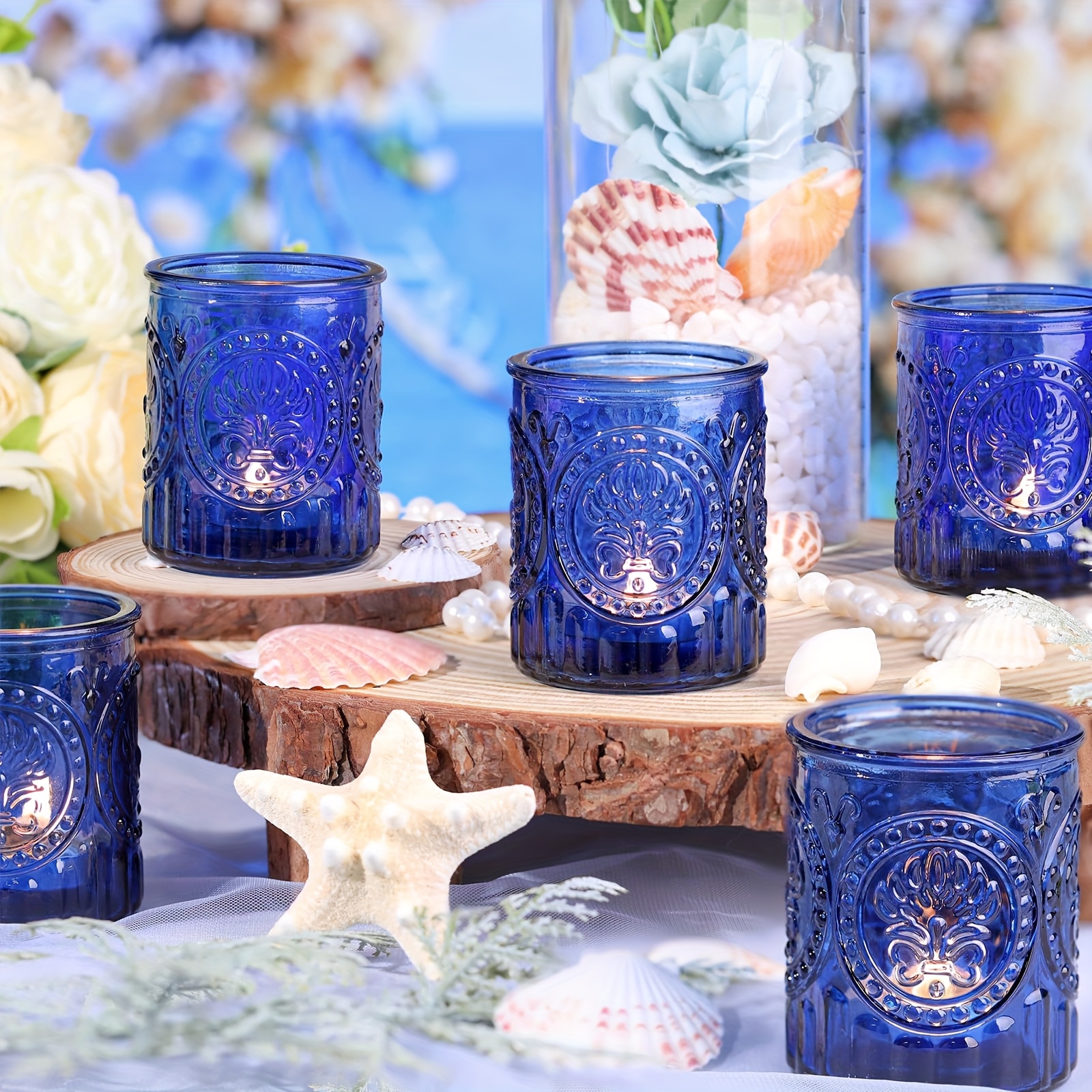 E-shop 4 Stück Glas Votivkerzenhalter mit geprägter Basis & Glashaltern - Blaue Hochzeitstischdekoration geeignet für Hochzeiten, Partys, Wohnkultur -