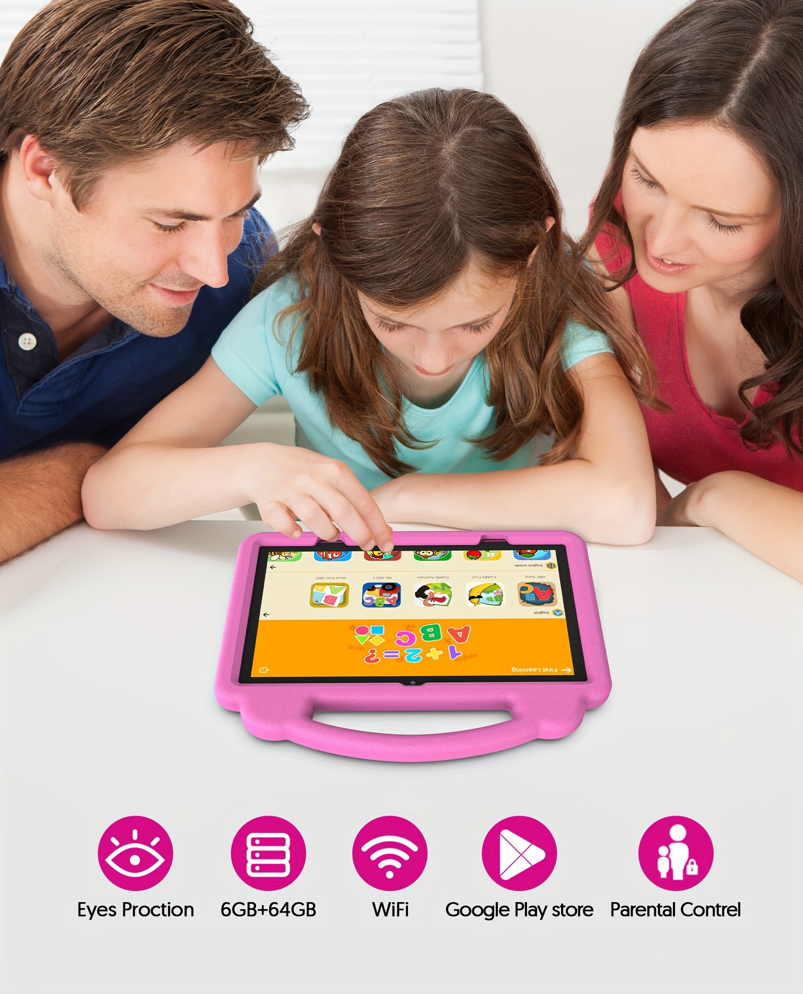 Android 14 Tablet, 25.4 cm Kids Tablet, 64GB ROM 3GB RAM, 1TB Extended Memory, Quad-core, 2.4G WiFi6, Eye Protection, Parental Controls, Tablet With Case, 6000mAh Battery Capacity, Christmas Gift