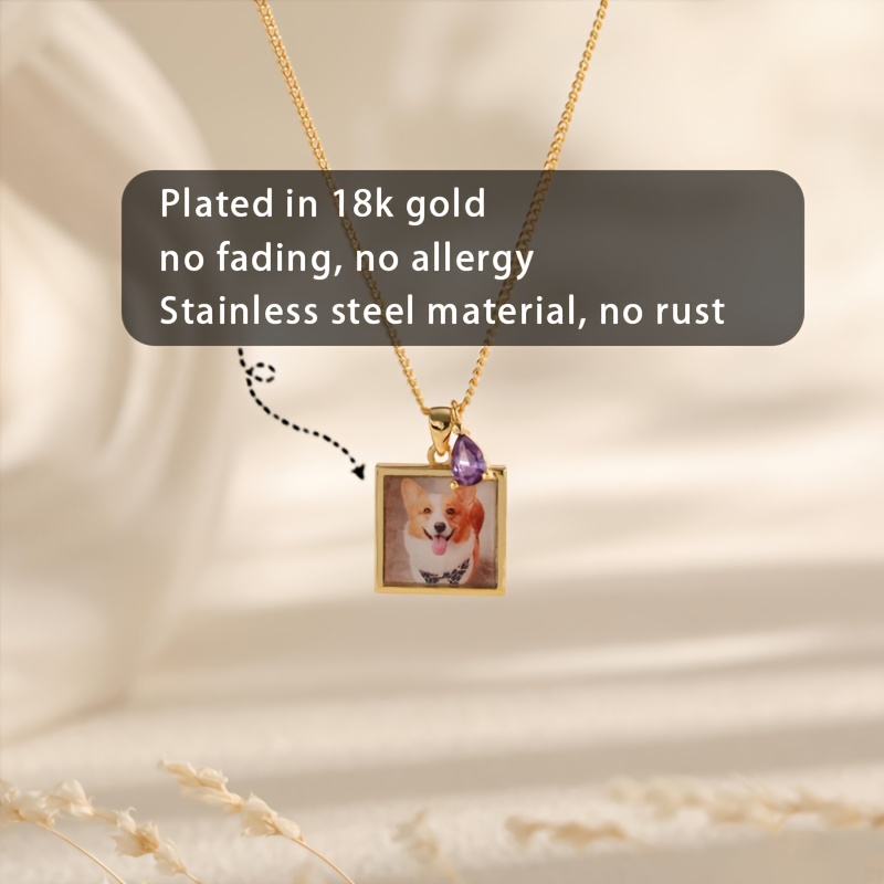 Custom Square Photo Birthstone Necklace — 18K Gold-Plated Gift