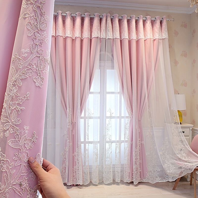 1pc double layer embroidery curtain with lace grommet top semi blackout cloth window drapes curtains for bedroom living room sliding door home decor details 4