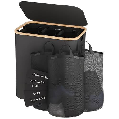 a 160l laundry basket with a lid featuring a large capacity handles and three removable inner bags this collapsible laundry basket is storing dirty clothes during graduation season and used in laundry rooms bedrooms and dorms in black gray blue beige and gray with five sorting labels making it a storage assistant laundry baskets