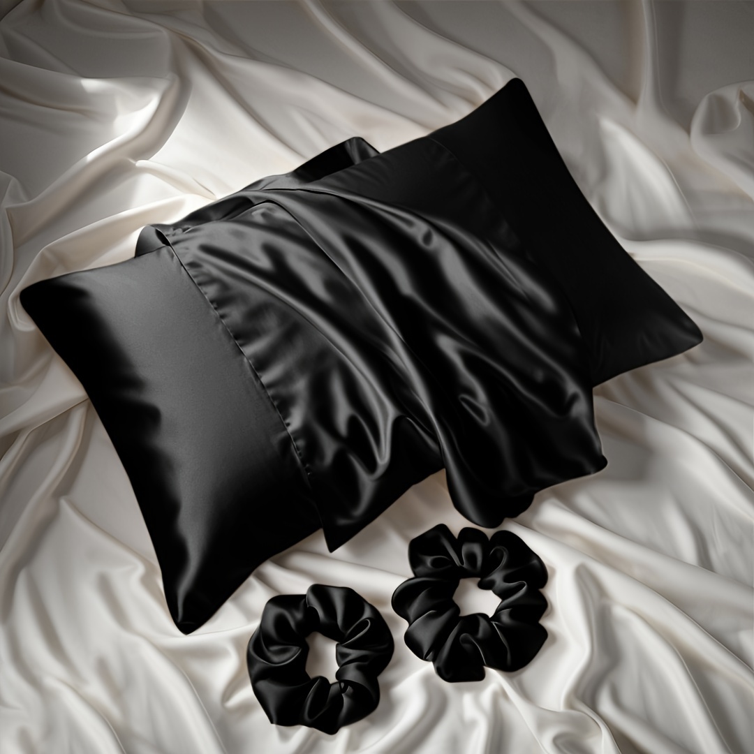 

Luxurious Satin Material 3-piece Set For Bedroom And Bathroom: 1 Pillowcase (pillow Not Included) + 2 Headbands - Modern And , Suitable For Home, Hotel, Or Bedroom Use.