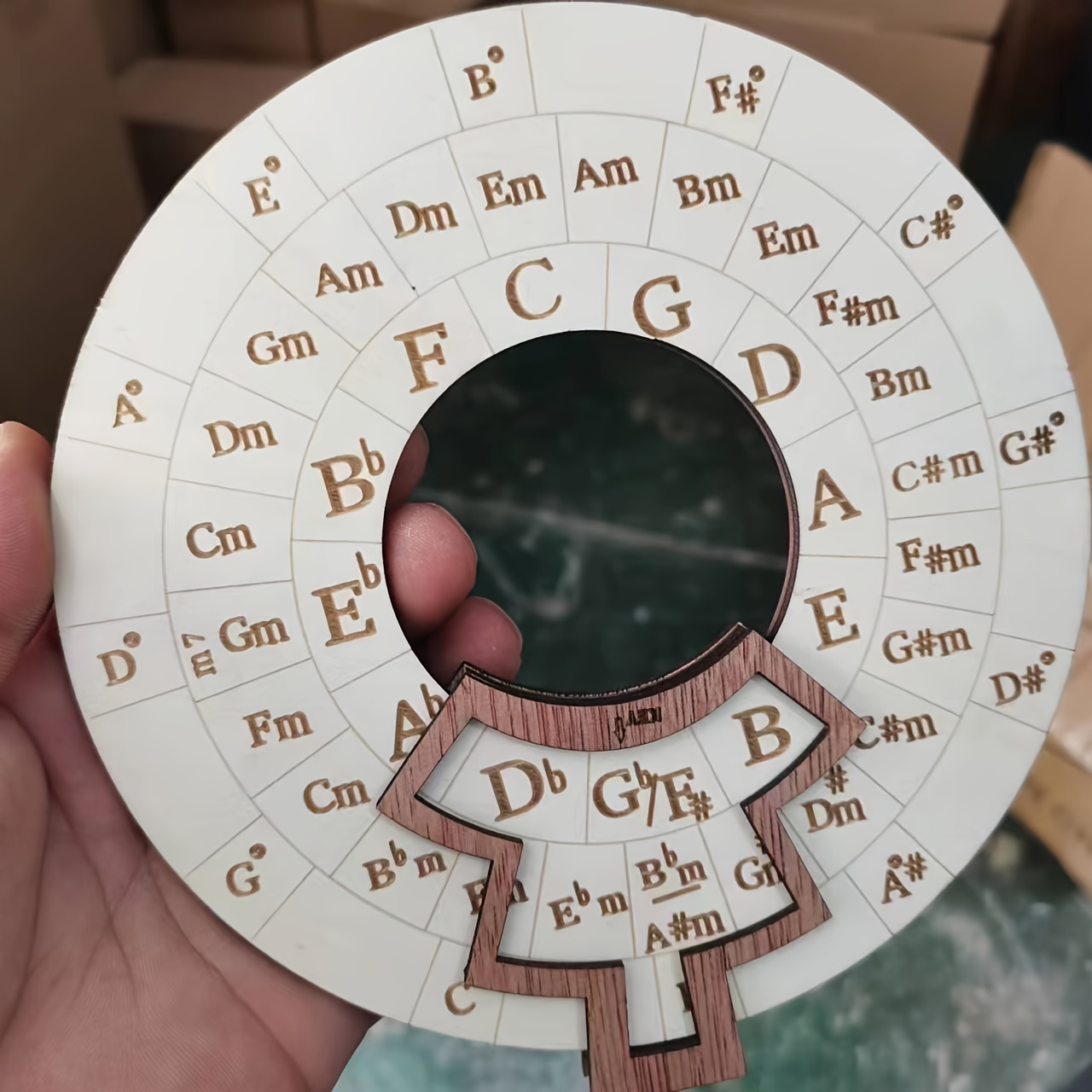 Image of Rustic Wooden Circle Of Fifths Chord Wheel - Musical Melody Tool For Musicians & Educators, Perfect For Home Decor