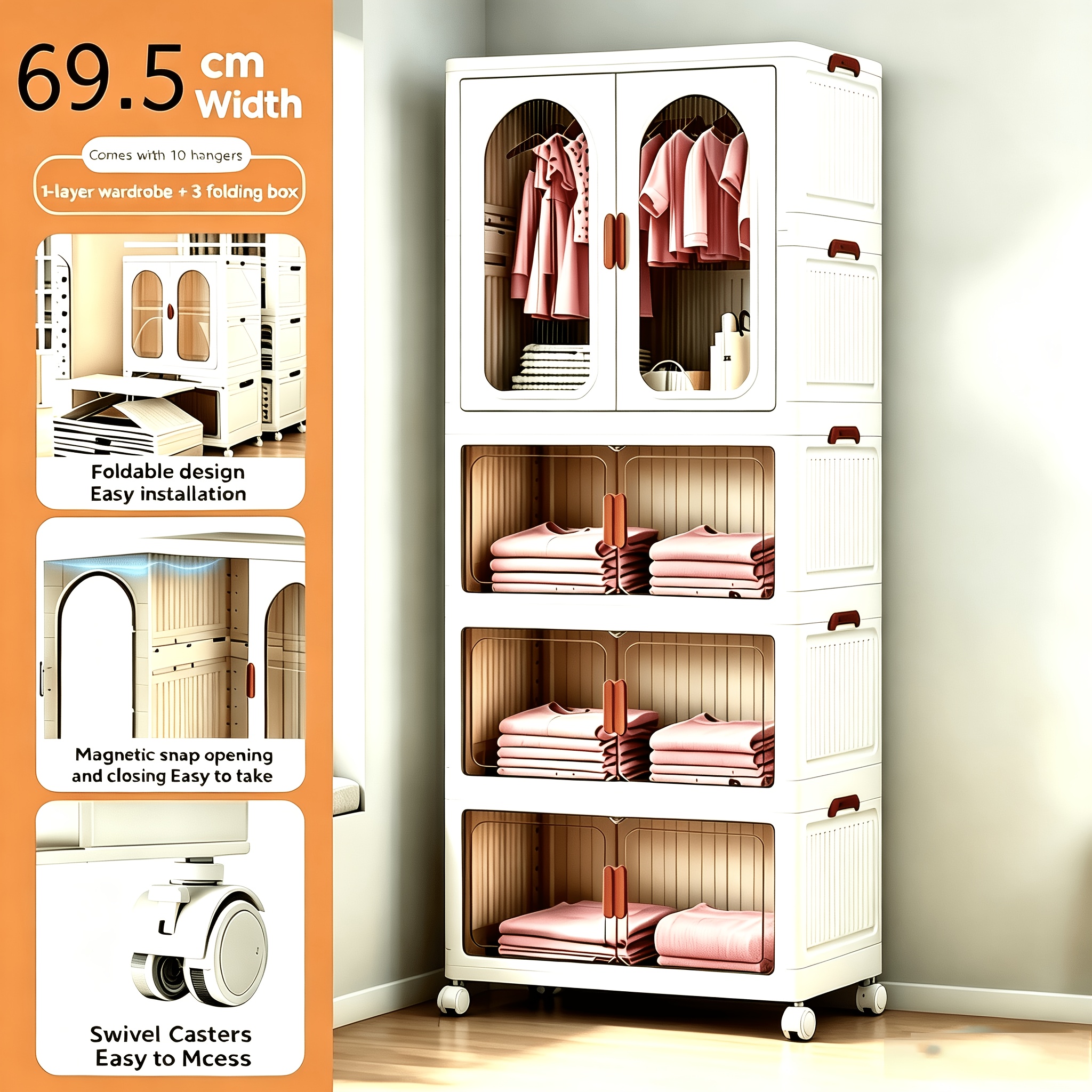TEMU Multi Layer Stackable Plastic Wardrobe Storage Cabinet With 10 Hangers And Transparent Cabinet Doors With Rollers, Foldable Storage Cabinet,