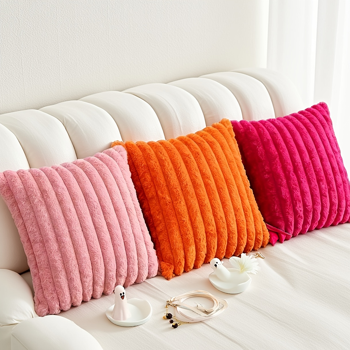 E-shop 3er-Set Einfache, einfarbige Plüsch-Kissenbezüge - Gestreifte Kissenhüllen - Dekorieren von Sofa, Bett, Schlafzimmer - Plüsch Weihnachten