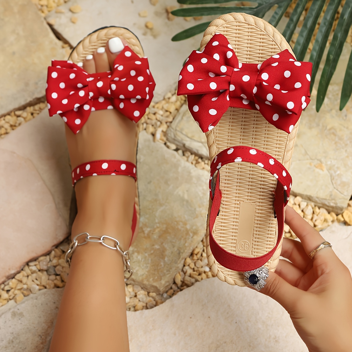 TEMU New Arrival: Stylish And Women's Flat Home Sandals - Versatile Summer Footwear With Polka Dots And Bows (suitable For Outdoor Wear), Women Shoes