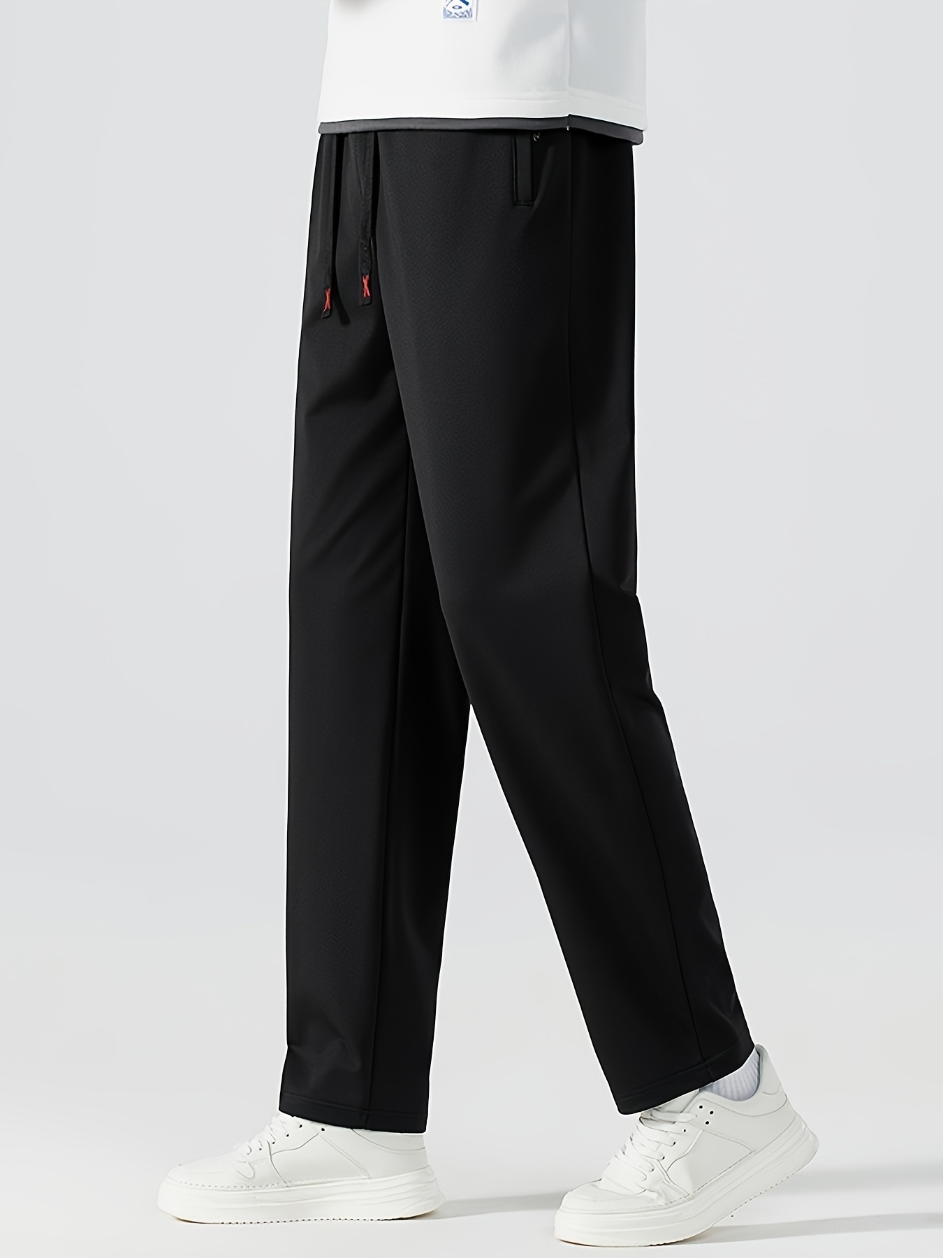 heren casual rechte pijp sportbroek, 95% polyester 5% elastaan, comfortabele losse pasvorm met lichte stretch,    , geweven stof, zakken,   kleding 2