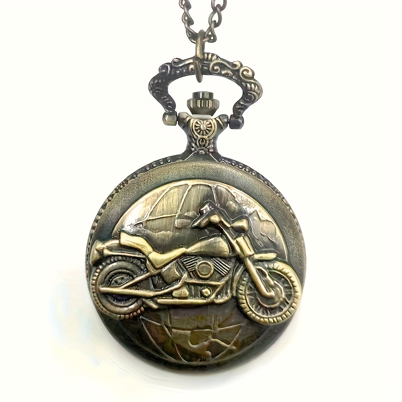 Image of Vintage Motorcycle Engraved Quartz Pocket Watch, Men' Chronograph Pocket Watch, Car Hanging Ornament, Gift For Motorcycle Enthusiasts, Souvenir