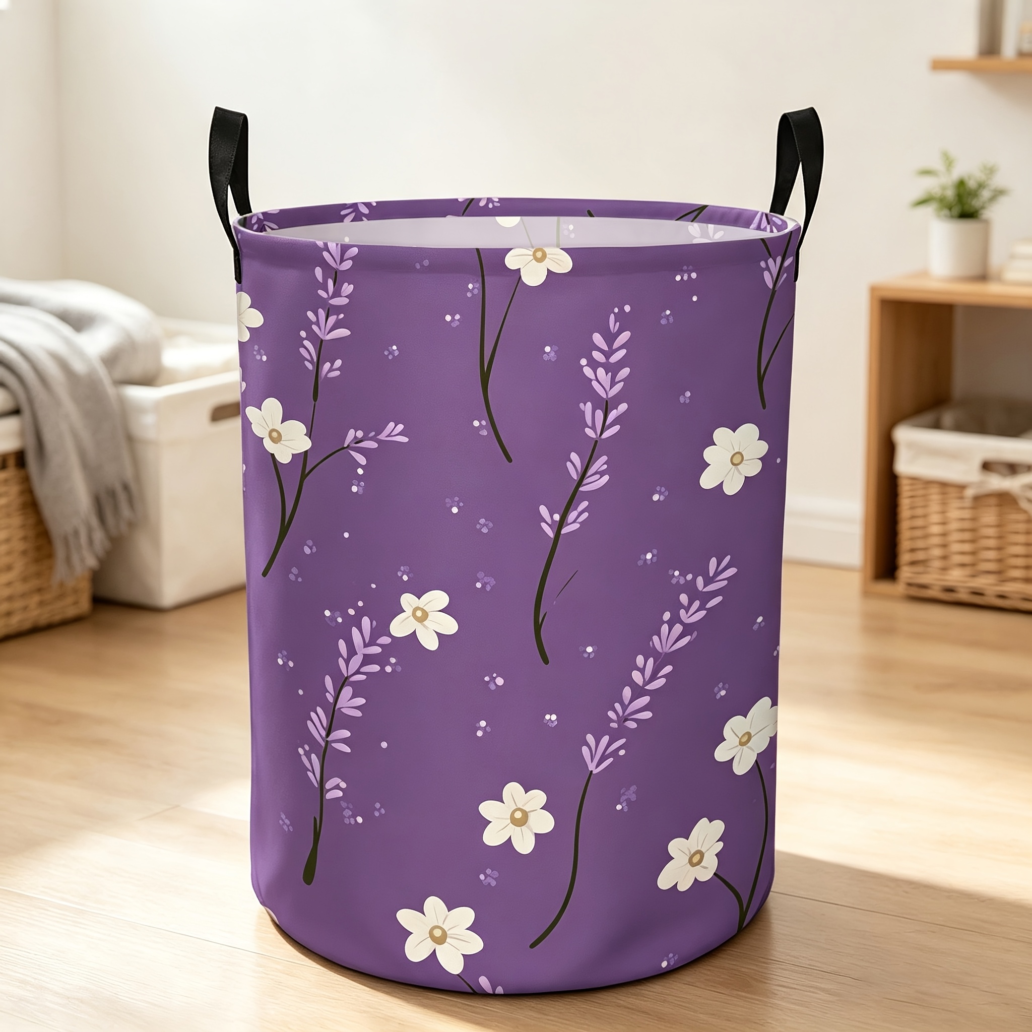 TEMU 1pc, Laundry Basket, Purple Background White Flowers Purple Branches Floral Pattern, With Handle, Organizer Basket For Clothes/books, Storage