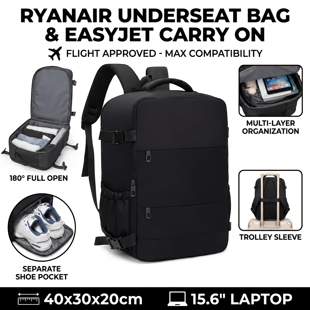 TEMU Ryanair Underseat Backpack 40x30x20cm, Travel Cabin Bag With Separate Shoe Pocket, 180 Degree Full Opening, Trolley Sleeve, Multi-compartment