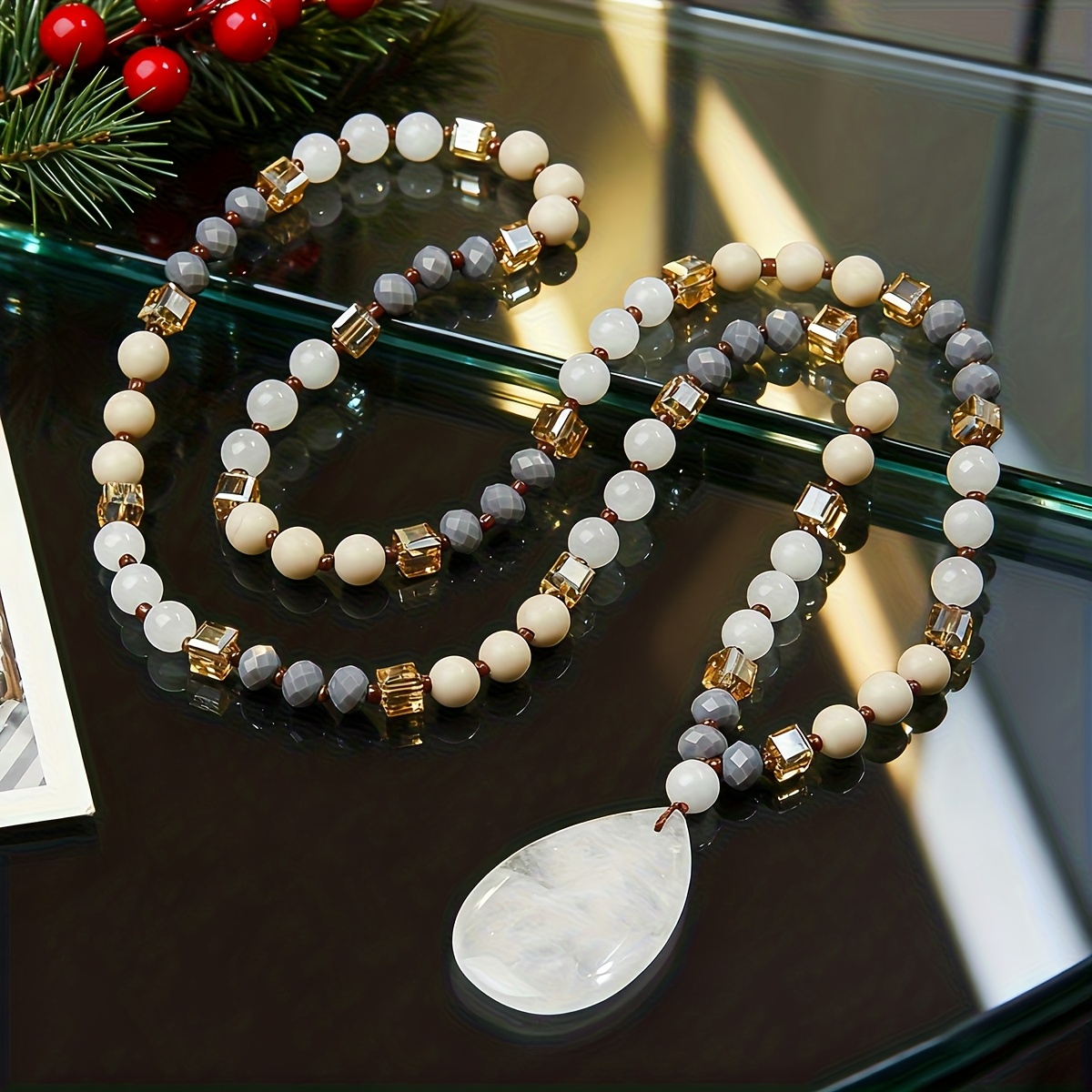 Natural Stone Beads Necklace with Hand-Rolled Beads for Women