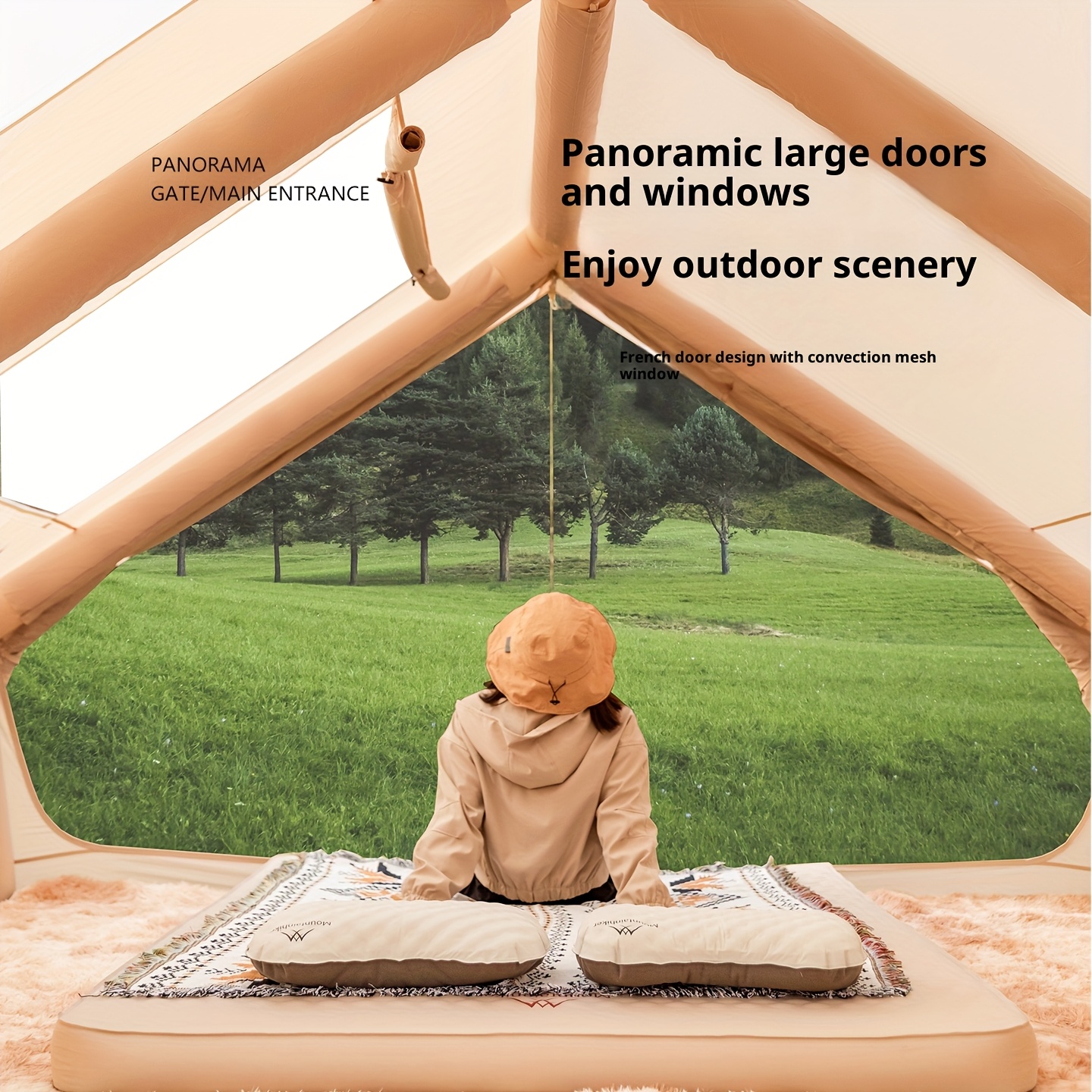 is a windowed inflatable camping tent that can   4 12 people it   with a hand   a portable camping tent and is suitable for   Product details 5