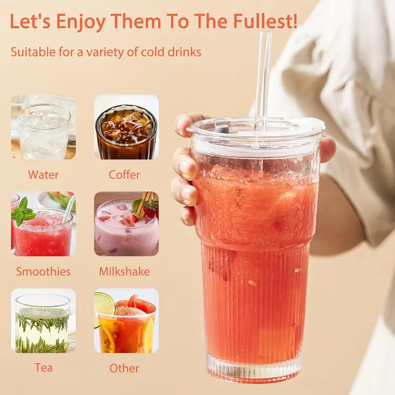 glasses with lid and straw 4 2pcs stylish ribbed design drinking cups for iced coffee cups juices smoothies cold drinks cleaning brushes included durable glassware Product details 4