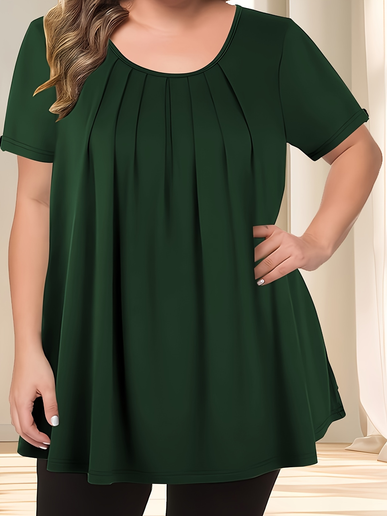 Women'S Casual Crew Neck Short Sleeve Blouse, Solid Color Plus Size, Lightweight Polyester with Subtle Stretch, Flared Hem, Spring/Summer Fashion Top, Casual Wear Blouse | Elegant Plus Size | Simple Eleganc