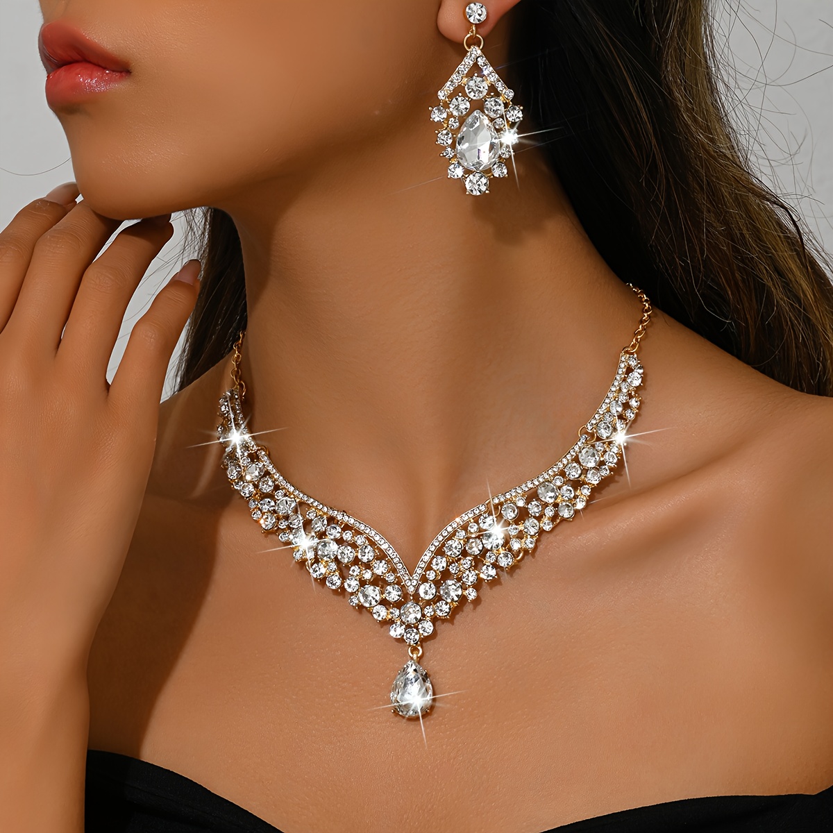 TEMU Ensemble élégant haut de gamme européen et américain de boucles d'oreilles et collier populaires pour mariées, parfait pour et les événements