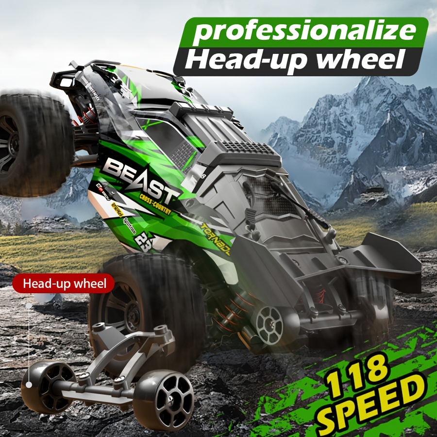 4WD High-Speed RC Off-Roader | 35KM/H Stunt Toy Car With Wheelie Bar & Adjustable LED Lights | 1:18 Scale Model | 7.4V Long-Life Battery | All-Terrain RC Truck For Adults & Kids - Outdoor Gift