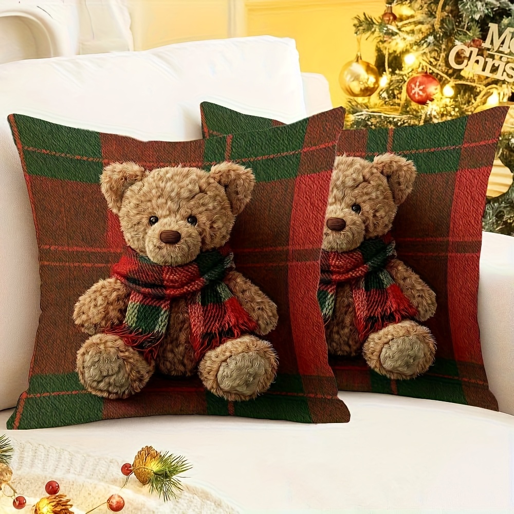 TEMU Set federe in pelle di pesca, con orsacchiotto con sciarpa a quadri natalizi rossi e , decorazione per le feste, stampa piatta 2D, tessuto in