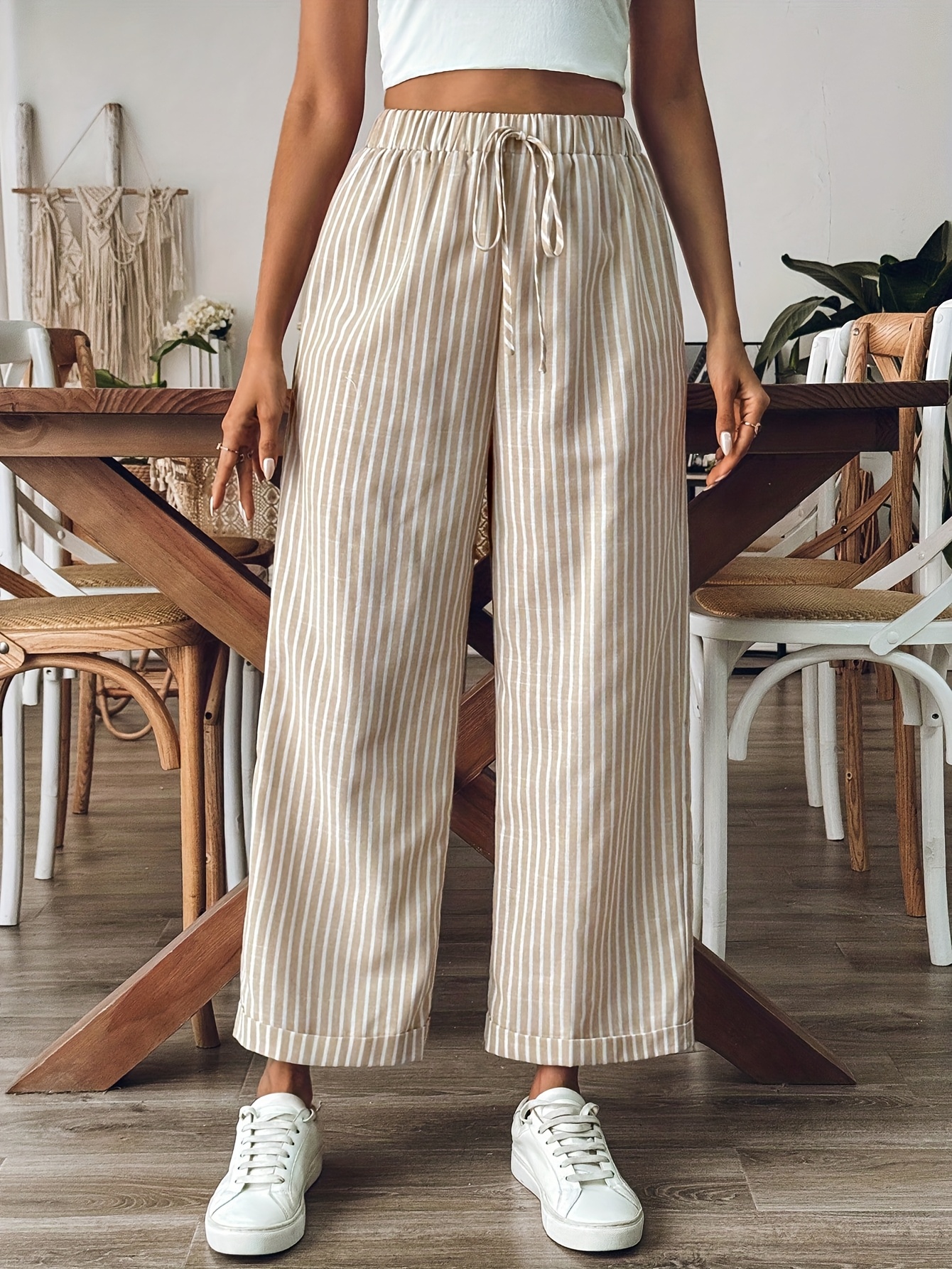 Women's Casual Wide-Leg Straight-Leg Pants with Elastic Waist Bow Detail  Light Beige Striped High-Waisted Trousers for Spring Summer Fall, Machine 