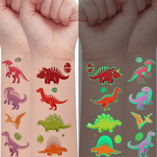 5 sheet 68 designs cartoon dinosaur glow in the dark temporary tattoos stickers glowing t rex pterodactyl and more dino patterns for body art long lasting 2 5 days ideal for birthday parties and festive