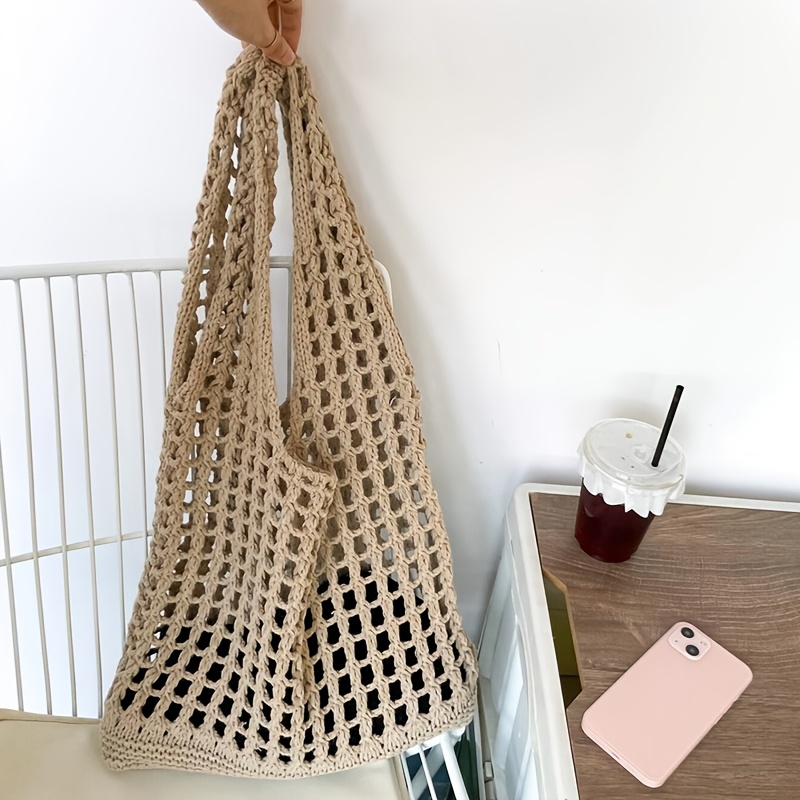 TEMU Bolso de de liso, bolso tote de crochet bohemio versátil con calados, bolso de tejido casual de gran capacidad para mujer