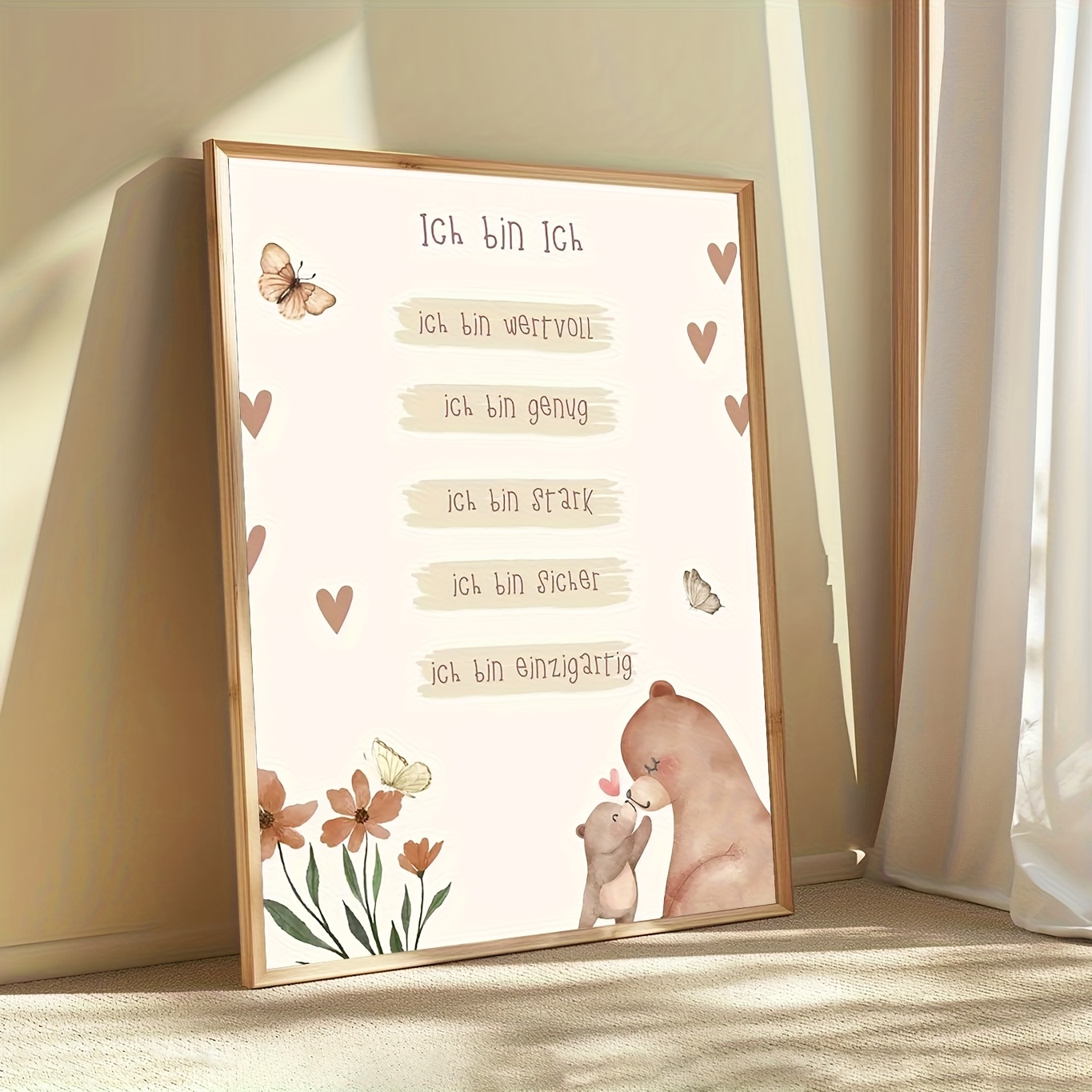 Image of 2d Flat, 2d Flat, 2d Flat 1pc Of Frameless Canvas Wall Art - "i Am Me" Affirmation Poster Featuring Illustrations Of A Bear And Its Cubs, Along With Hearts And Butterflies - Ideal For A Nursery, Room