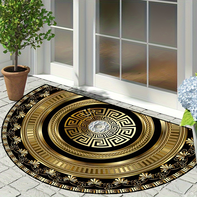 luxurious thick semi circular rug with black golden   non slip machine washable polyester for indoor outdoor use   bedroom entryway patio details 2