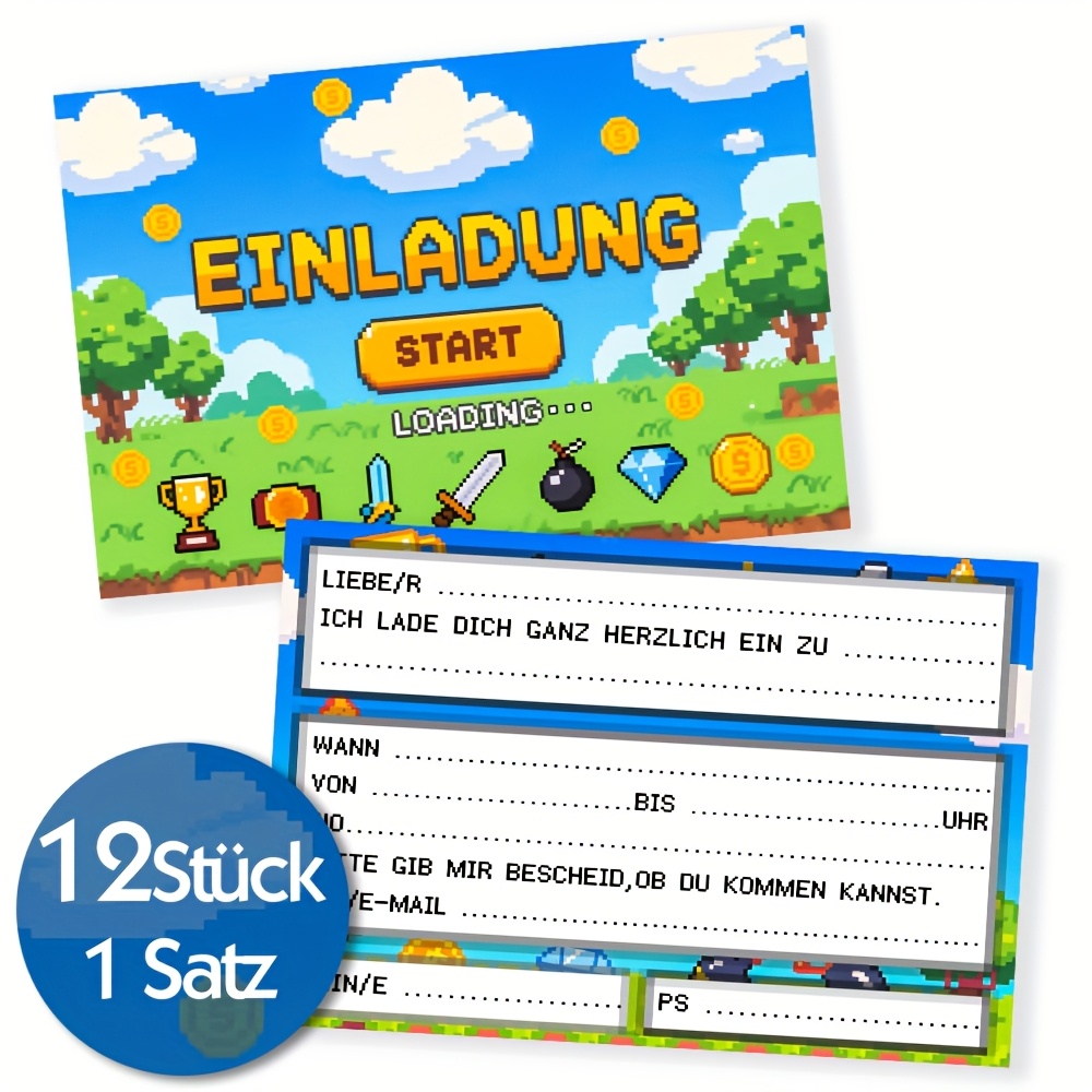 12pcs Of German-themed Birthday Invitations, Game-themed Party Invites, Double-sided Design, Graduation Celebration Party Supplies