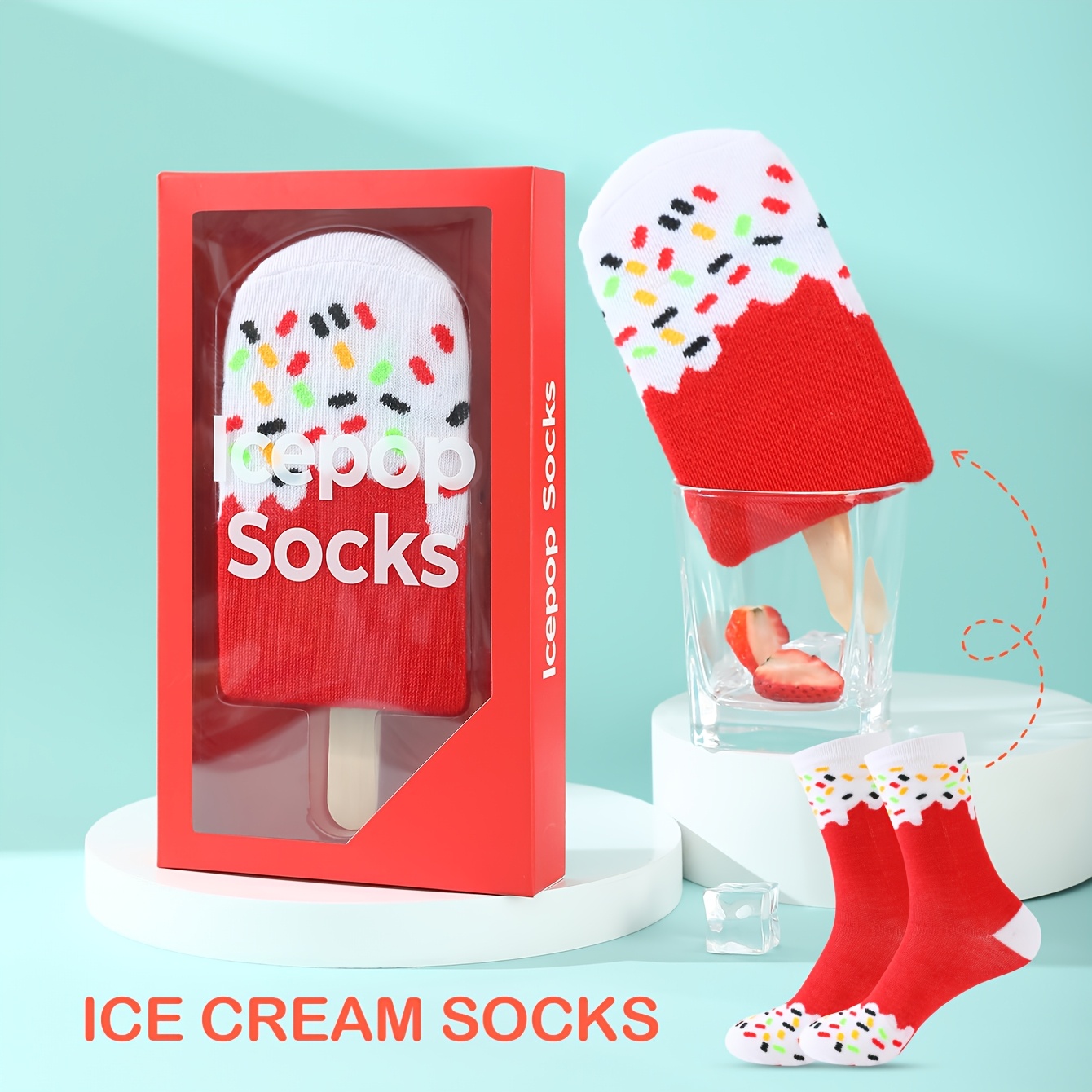 TEMU 1 Pair Red Popsicle Gift Socks, Suitable For Daily Life And Outdoor Sports Wear, Autumn/winter New Women's Socks, Fun Geometric Pattern Printed