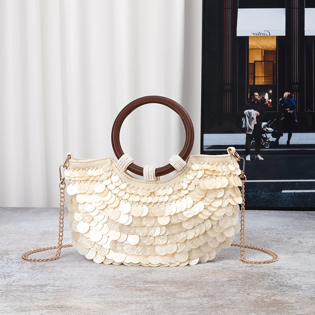 Image of Bohemian Convertible Shell & Sequin Handbag With Wooden Ring Handle & Detachable Chain Strap - Suitable For Beach Weddings, Parties, Crossbody Or Clutch Purse, Zipper Closure,, Shell Accent