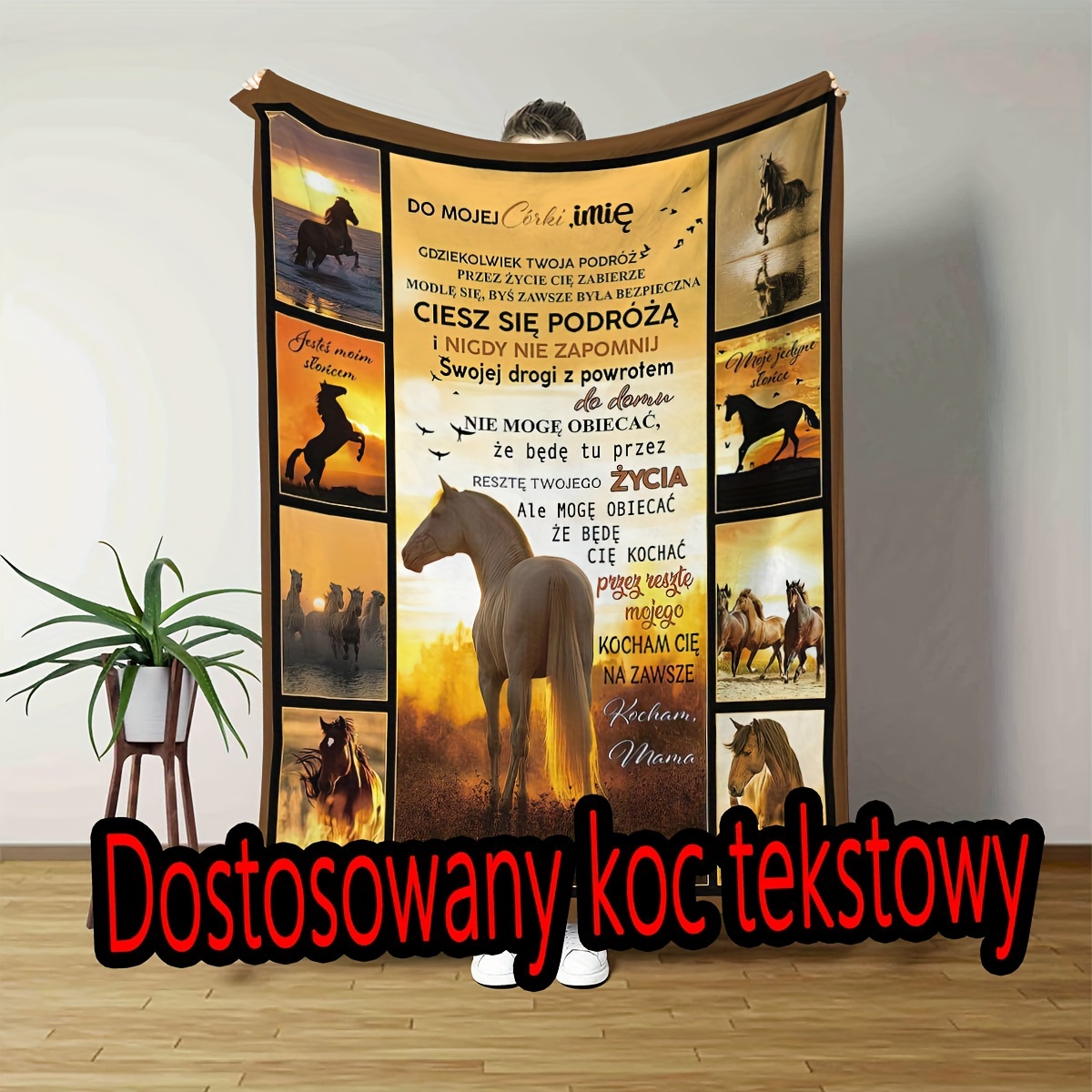 

Personalized Horse Print Blanket: Mom's Letter To Daughter, Soft And Comfortable, Suitable For Camping, Hand Or Machine Washable, Reversible, Polyester Fabric