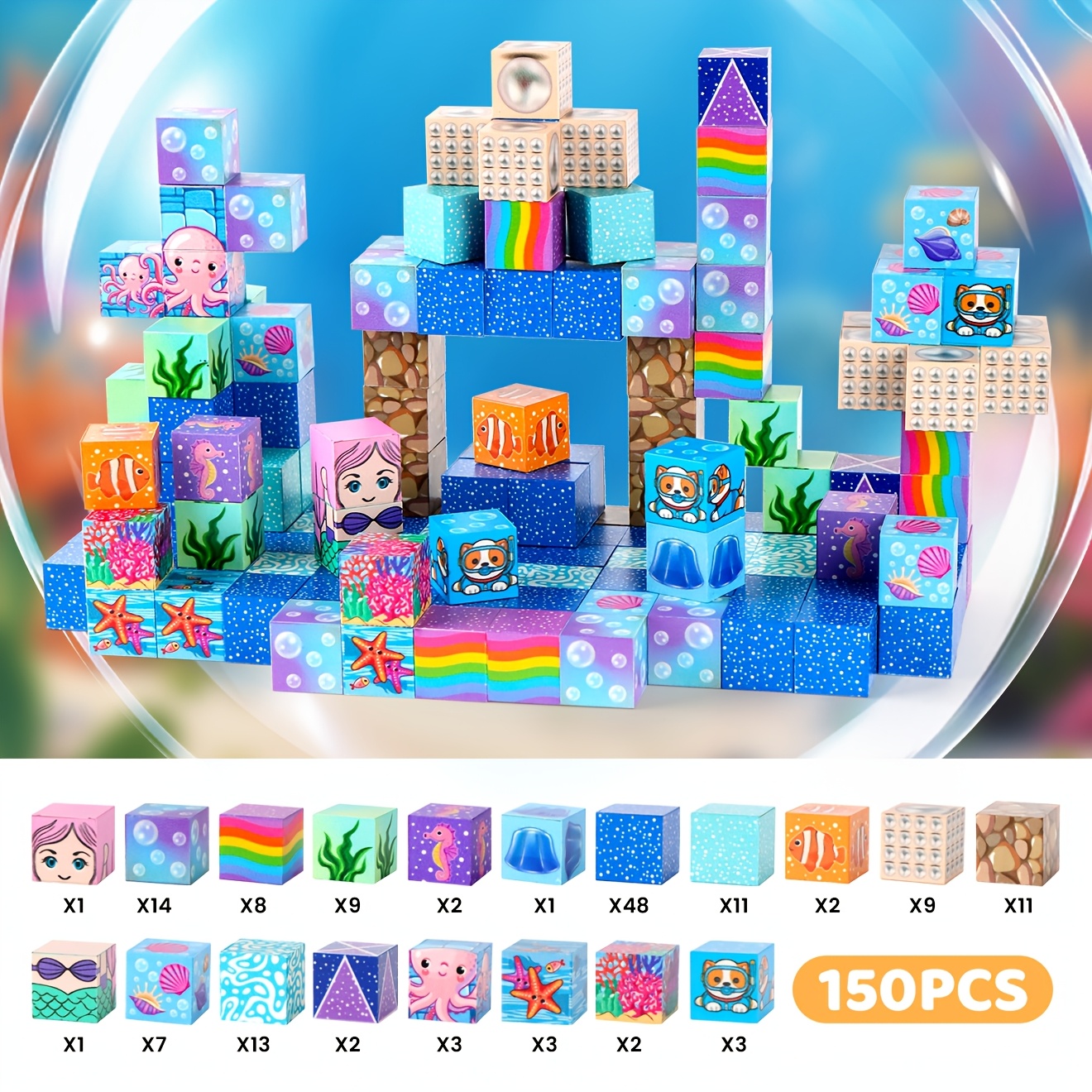 TEMU Set de 150 Blocs Magnétiques | Blocs de Construction Monde Océanique Sirène | Jouet Puzzle de Construction STEM | Jouets Sensoriels | Jeu