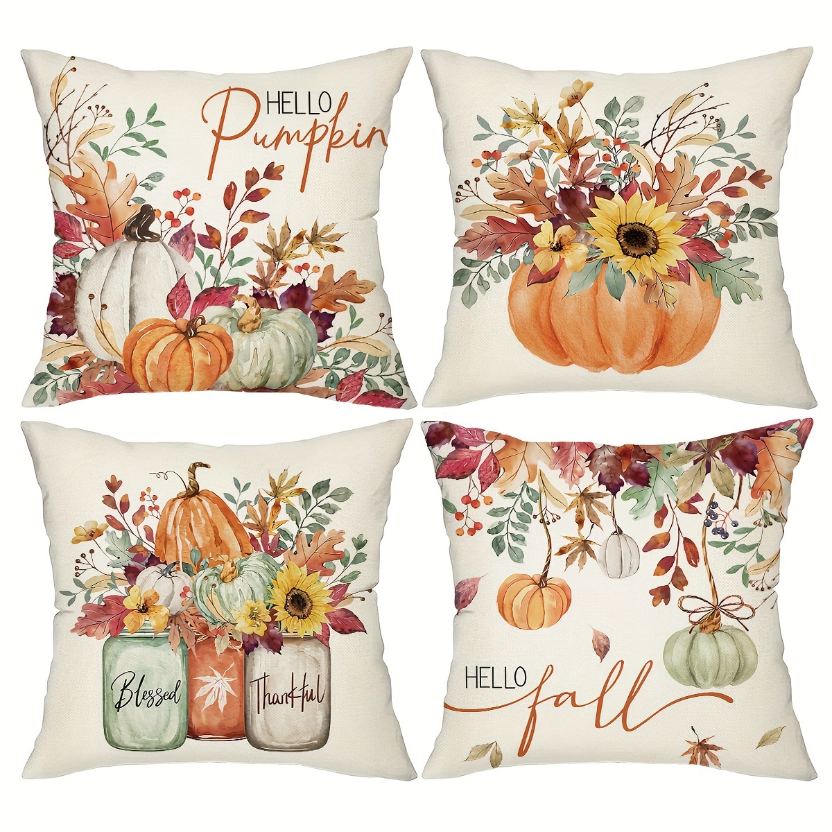 TEMU 4pcs, Housses de coussin d'automne, 18In X 18In Style rustique Citrouilles Remerciement Housses de coussin décoratives, Coussins confortables de