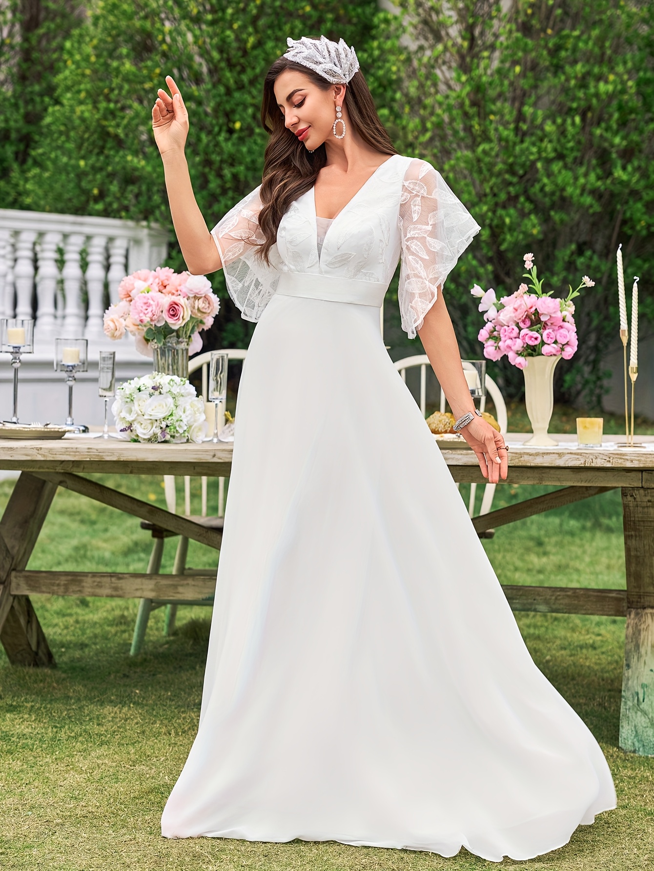 여성용 딥 v 라이트 럭셔리 자수 레이스 소매 긴 스커트 우아한 화이트 쉬폰 웨딩드레스 women's clo - Temu  Republic of Korea, image size:800x1066