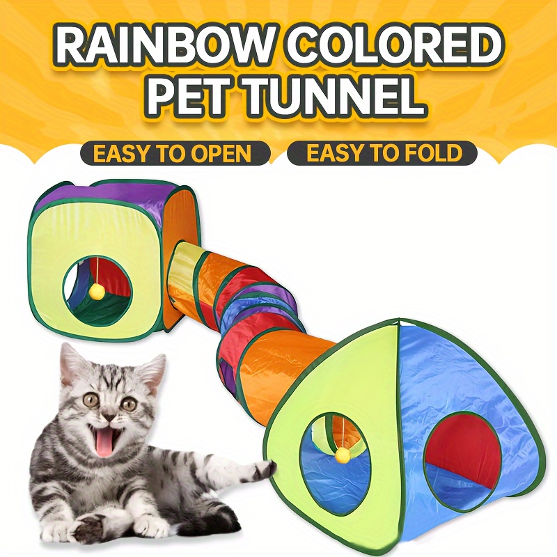 

3pcs/set Rainbow Colored Cat Play Tunnel, Polyester Pet Tunnel With Hanging Ball, Foldable Hide And Seek Cat House, With S-shaped Tunnel & Rope Ring