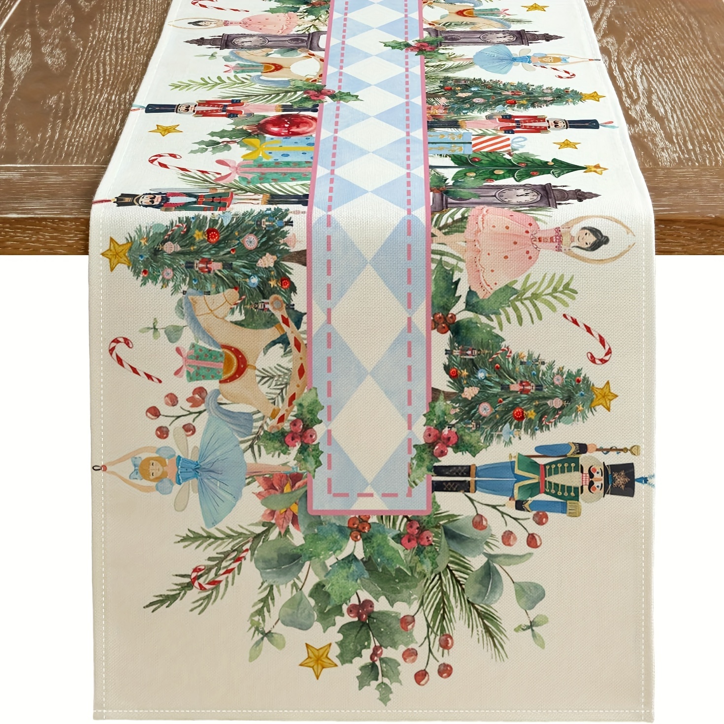 TEMU Nutcracker & Floral Linen Table Runner - Christmas, Indoor/outdoor Holiday Decor, Available In 13x48