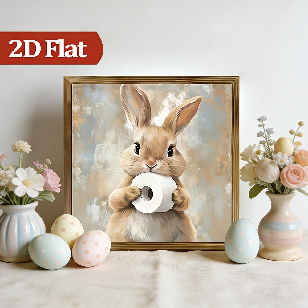 TEMU 2d Flat - 1pc Funny Cute Bunny Holding Toilet Paper Frame Wooden Sign Rustic Animal Theme Wall Hanging Rustic Style Wall Decor For Bathroom,