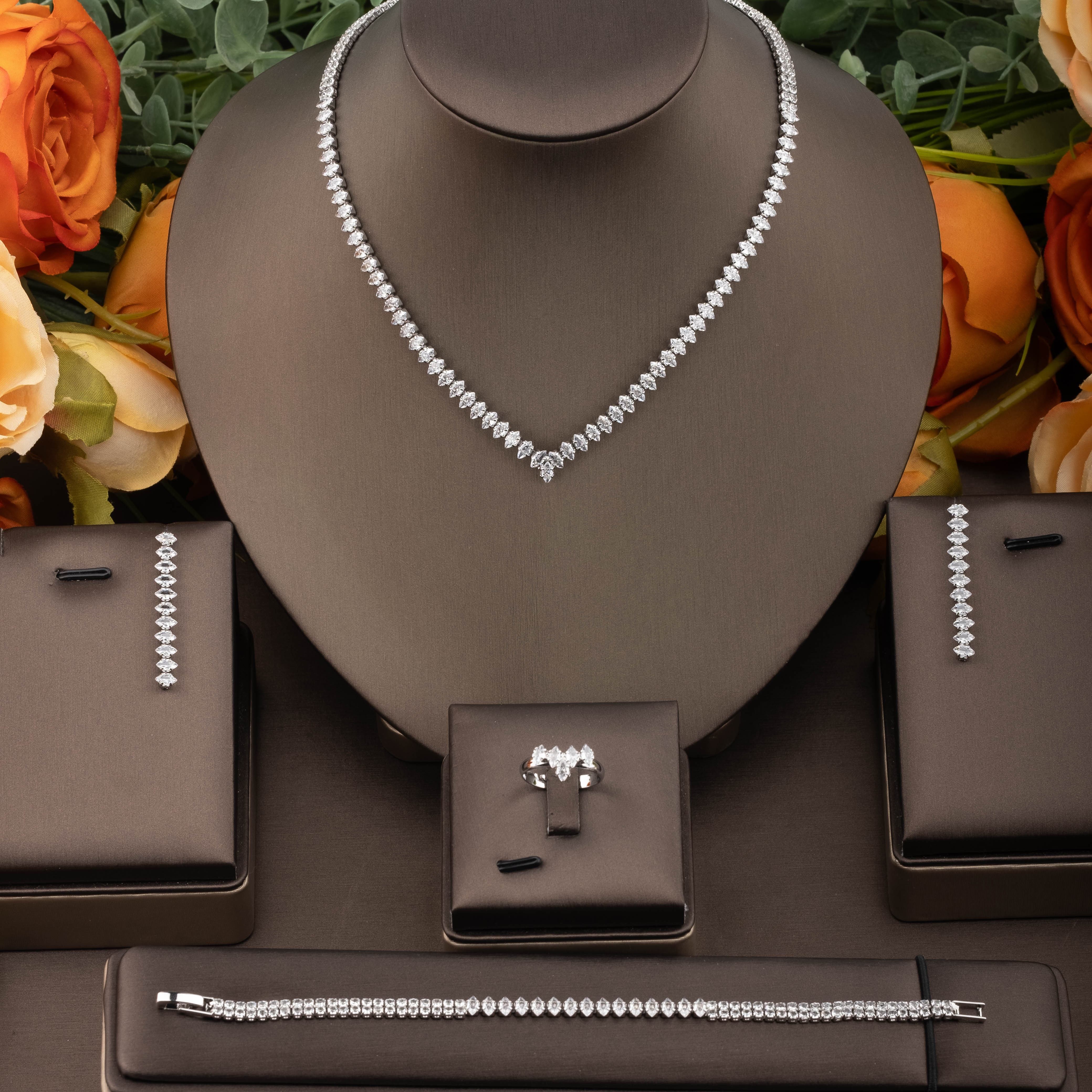 Image of 1 Elegant Cubic Zirconia Inlaid Detail V-shaped Design Necklace Earring Ring Set Suitable For Women's Wedding Banquet Party Wear