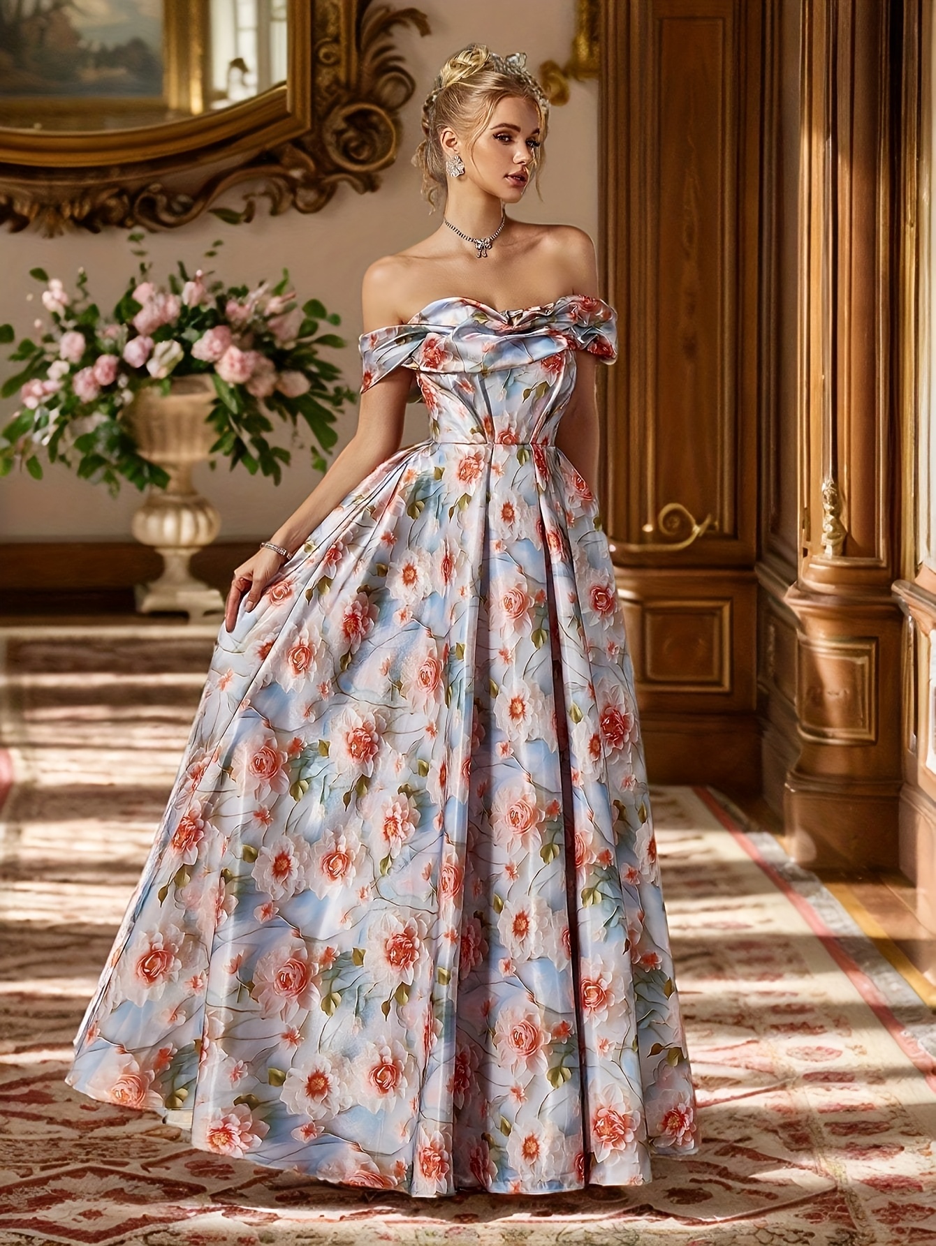 Women'S Floral Off Shoulder Satin Maxi Dress * Print Ruched Formal Evening  Gown For Wedding Guest Party
