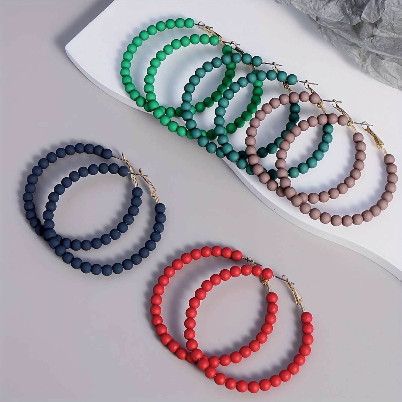 

5 Pairs Set Of Multi Color Beads Design Hoop Earrings Vintage Bohemian Style Personality Summer Party Earrings