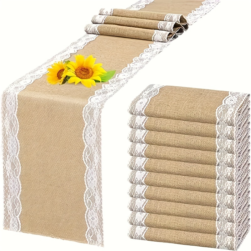 

1pc Table Runner, Rustic Burlap Table Runner With Lace Trim, Natural Linen Rectangle Table Runner, For Parties, Banquets, Weddings And Holiday, Home Supplies