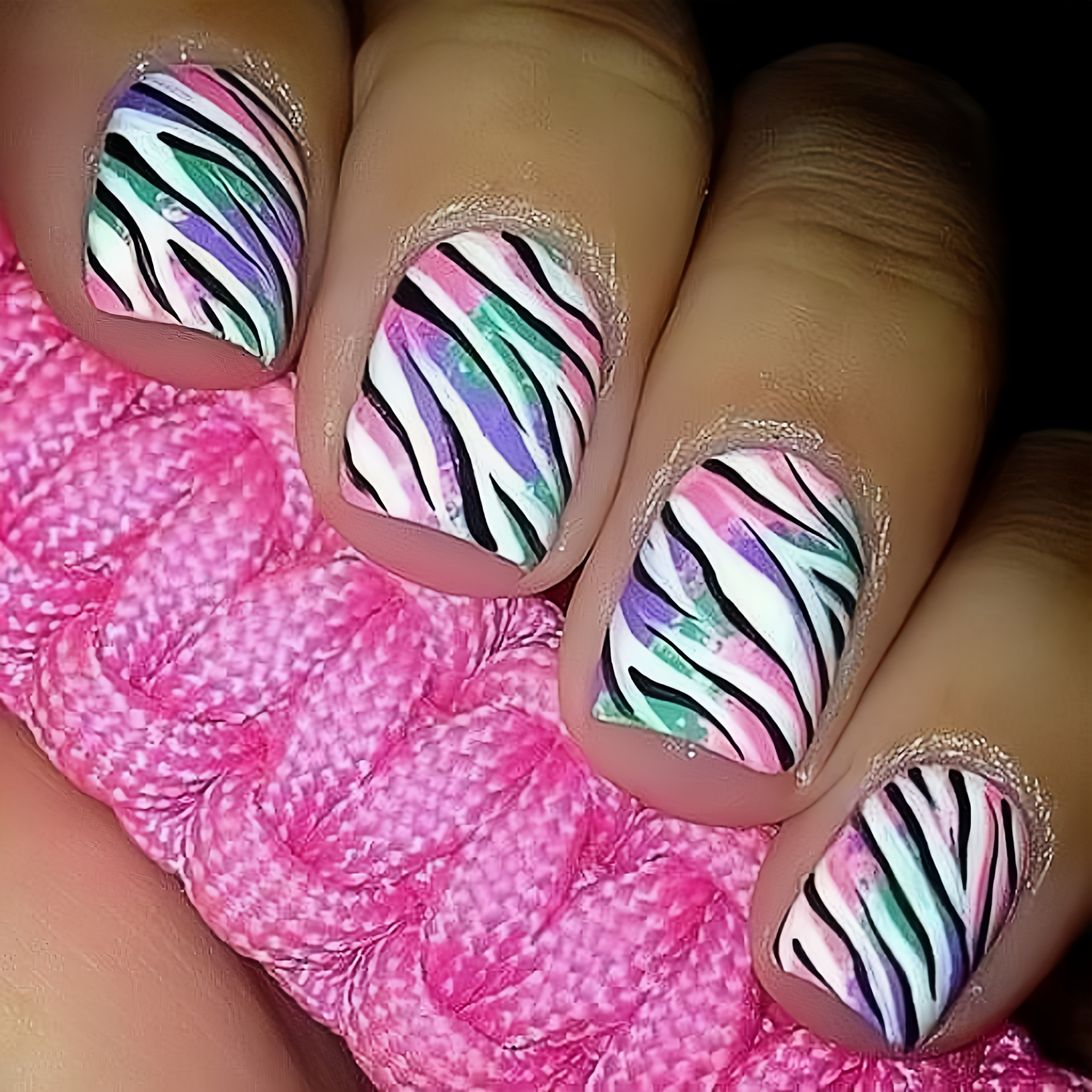 TEMU 24pcs Set Short Square Mixed Color Zebra Print Press-on Nails In Pink, Purple, Green - Style For, Versatile Glossy Fake Nails For Daily