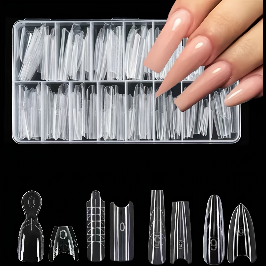 TEMU Boîte de 114 pièces de moulages d'extension d'ongles à couches multi-types, Long Square, Long Tapered, Long Almond et Ovale, 15 tailles de de