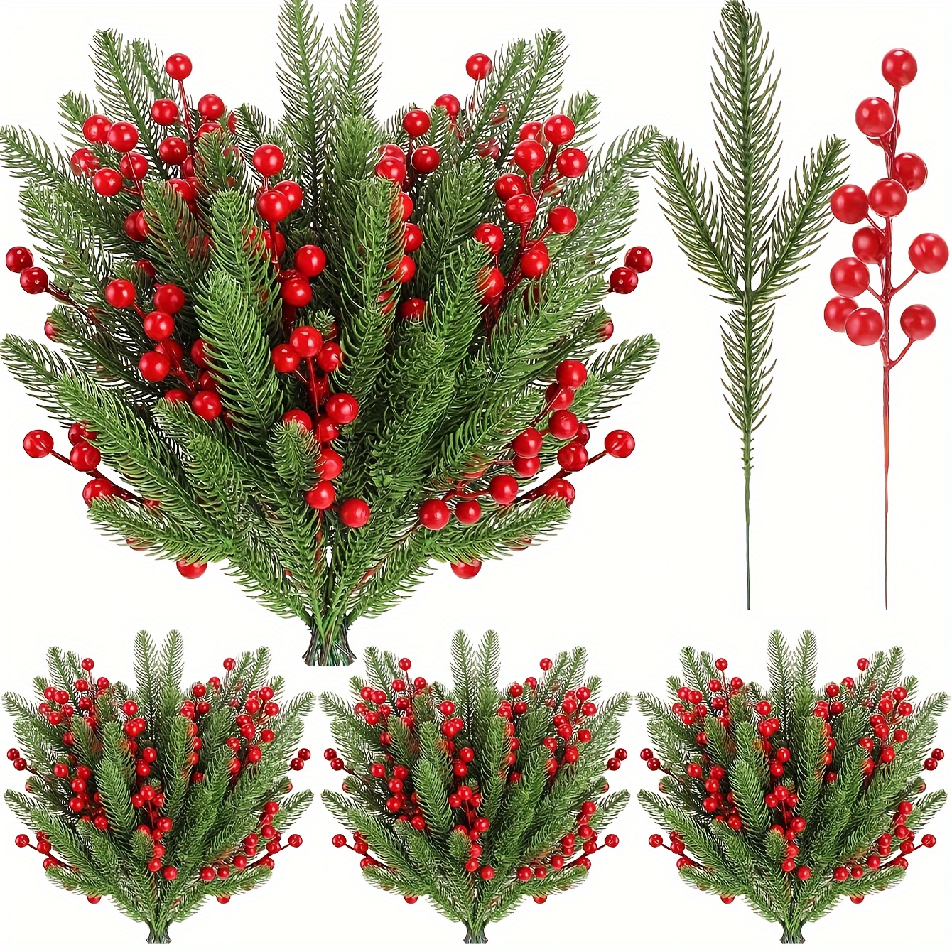 

25-pack Artificial Christmas Pine Branches With Red Berries, 2 Styles, Plastic, Battery-free, Diy Wreath Making Supplies For Home Holiday Decor