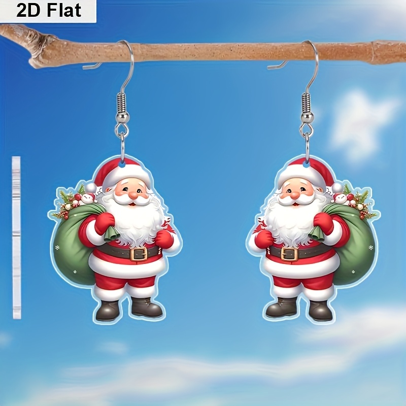 TEMU 2d Flat, 1 Pair Of Ladies' Santa Claus Acrylic Earrings--- Santa Claus Carrying Bag Holiday Earrings Merry Christmas Jewelry Gifts