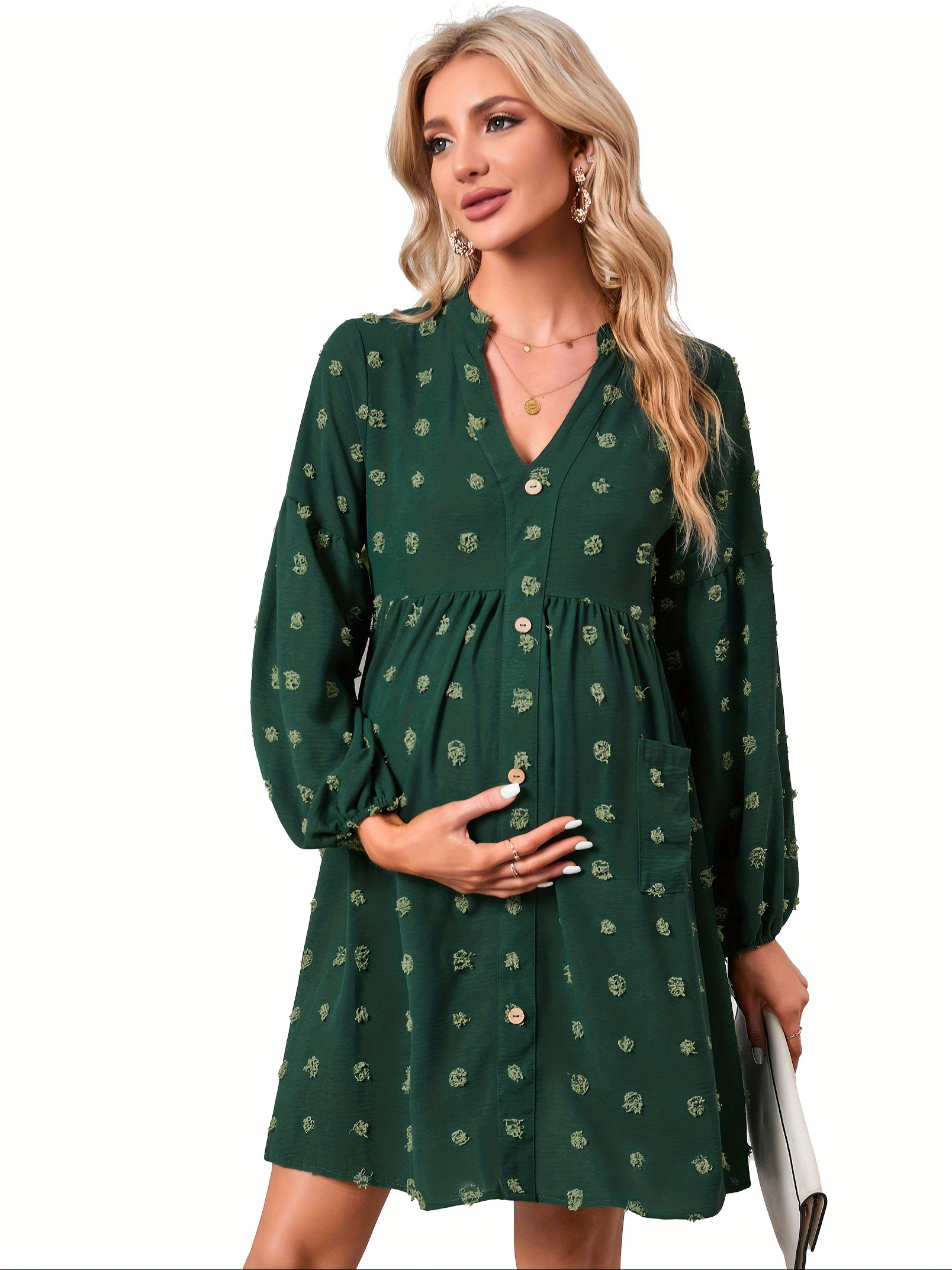 maternity dot dress v neck long sleeve button mini - Temu